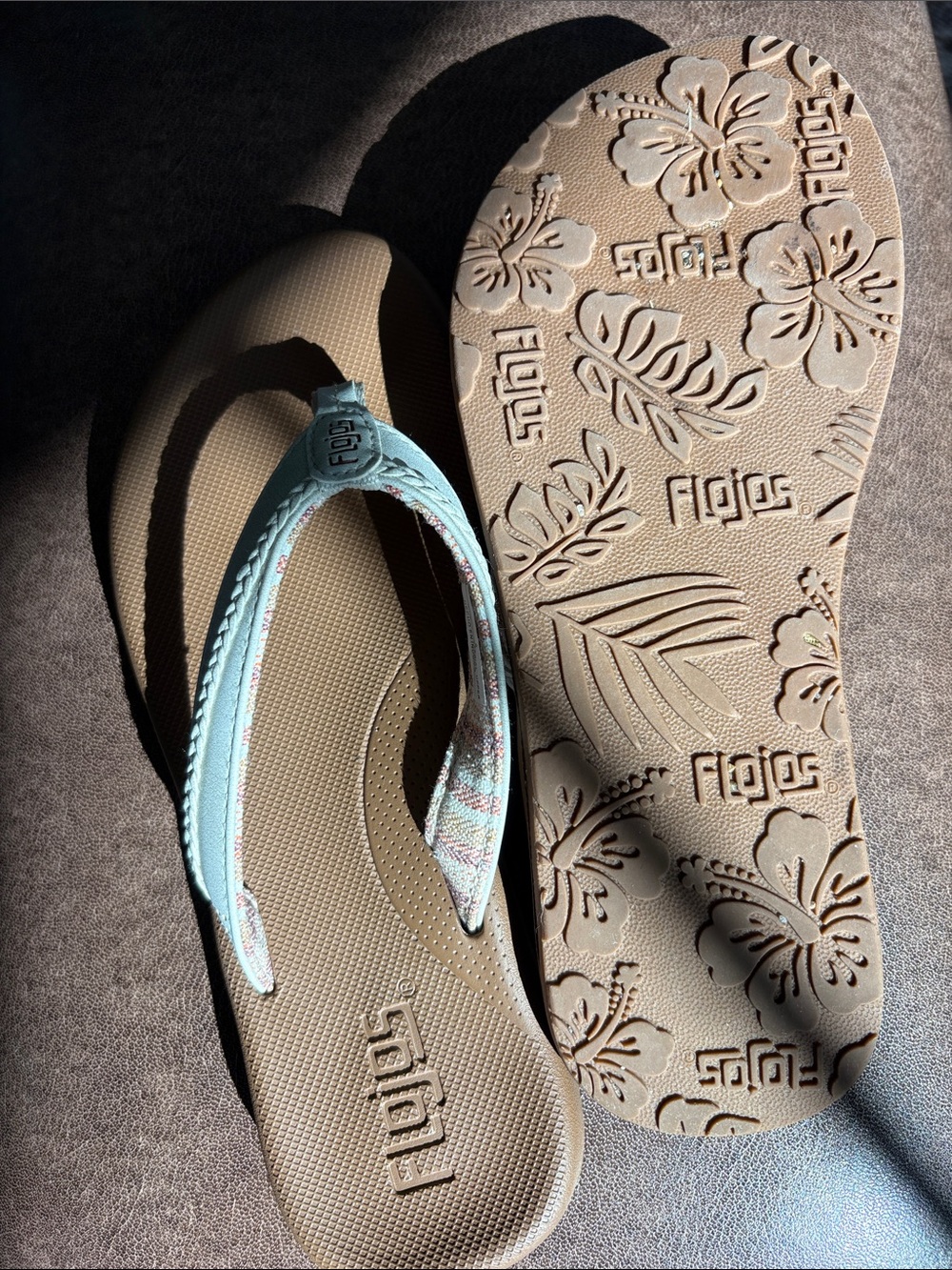 Flojos Women’s Light Blue Strap Tan Footbed Flip Flop Sandals - Picture 2 of 5